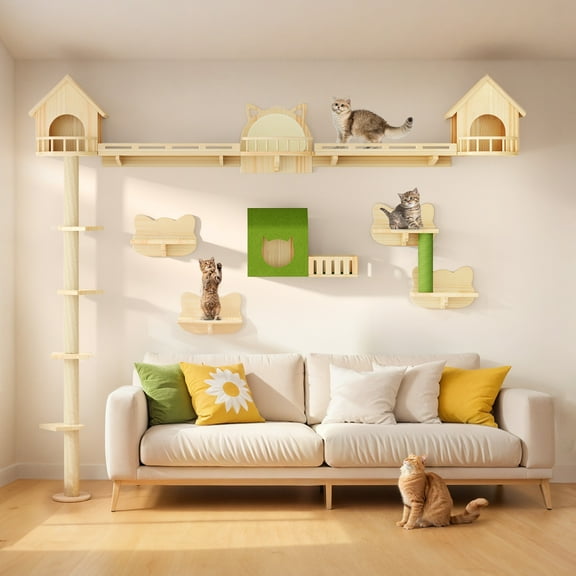 Dextrus Floor-to-Ceiling Cat Tower Wall Shelf Set with Runway, 2 Sisal Posts & Houses – Solid Pine Wood for Large Cats, Space-Saving Wall-Mounted Climbing System