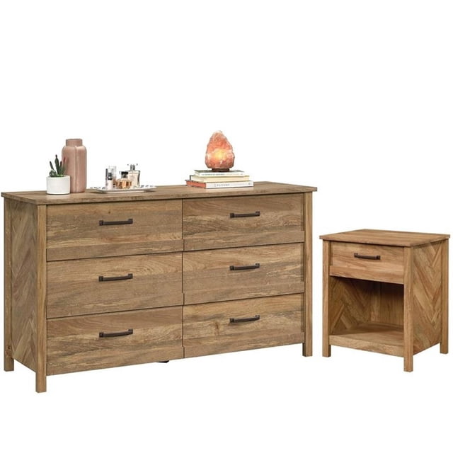 Home Square Commode Double à 6 Tiroirs/ensemble Table de Nuit à 1 Tiroir en Mangue Sindoori