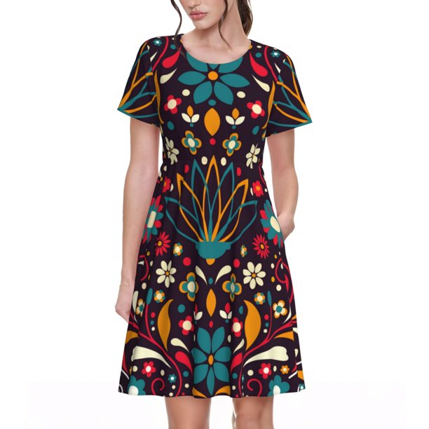 Disketp Colorful Mexican2 para Vestido de Manga Corta para Mujeres, Vestidos de Verano para Mujeres, Casual y Holgado para la Playa