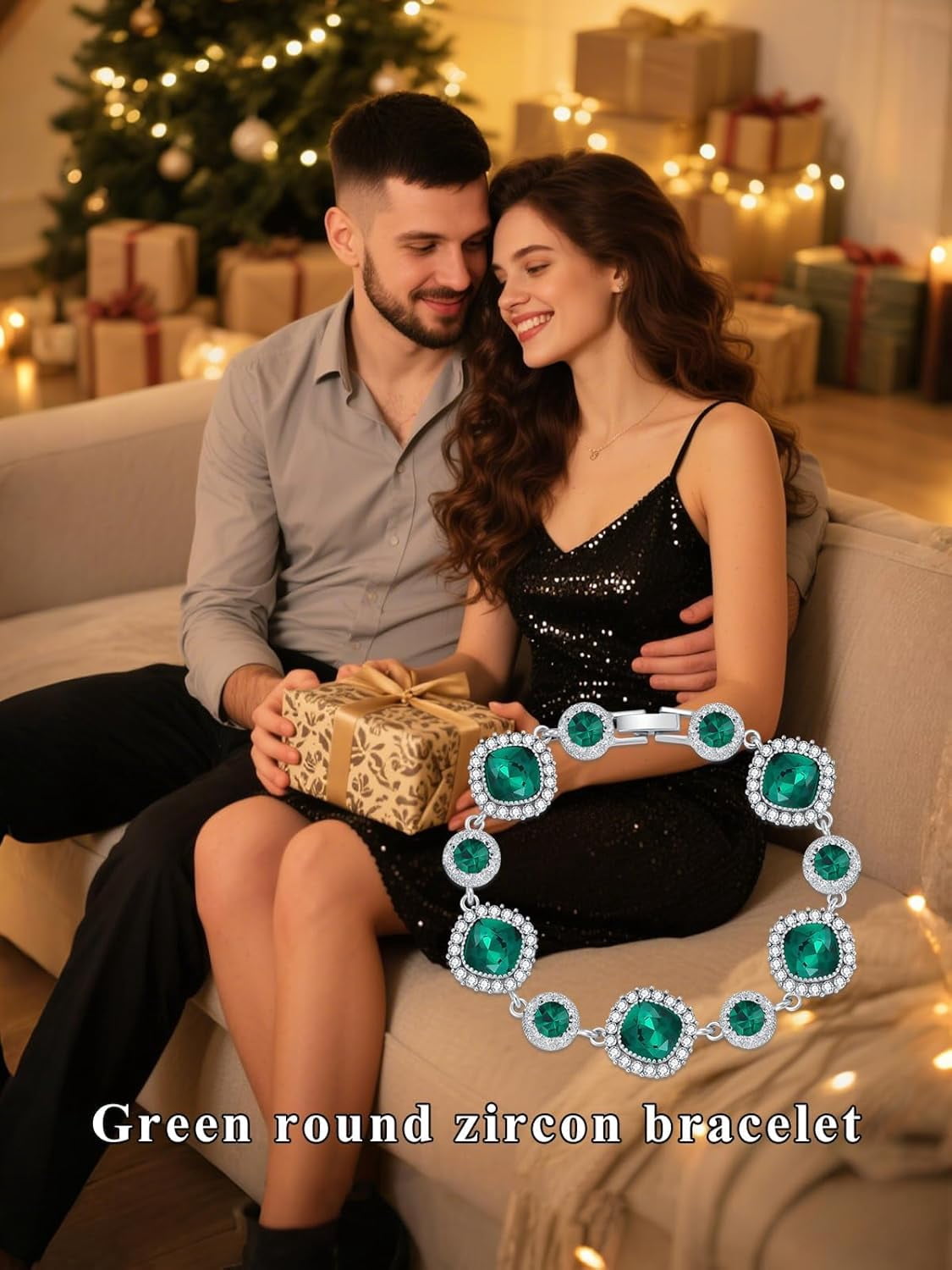 Green Gem Bracelet for Women White Gold Cushion Cut Crystal Bracelet Elegant Sparkling Jewelry for Christmas Valentine’s Day Gifts for Wife Xmas Jewelry Gifts for Women Mom Stocking Stuffers