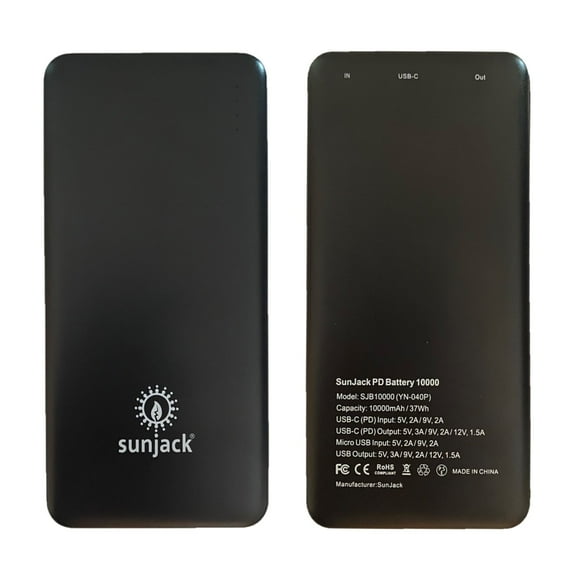 SunJack 10000mAh Fast Charging Portable Power Bank with USB 3.0 and Type-C Compatibility (Black)