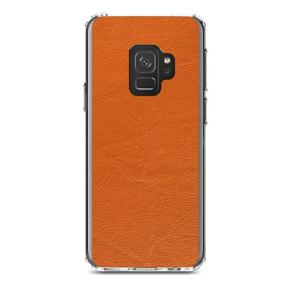 DistinctInk Clear Shockproof Hybrid Case for Samsung Galaxy S9 (5.8" Screen) - TPU Bumper, Acrylic Back, Tempered Glass Screen Protector - Orange Faux Leather Print Design - Printed Leather Image
