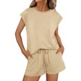 thumbnail image 2 of Tops Y Blusas de Mujer de Verano Cuello Redondo Manga Corta con Cordón de Cintura Y Bolsillo Pantalones Cortos de Dos Piezas, 2 of 9