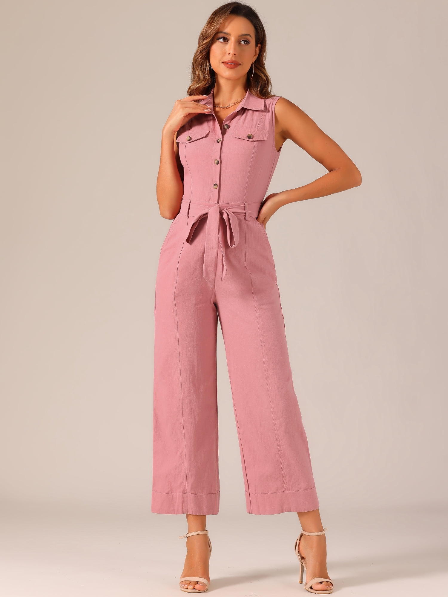 DARING DIVA Women's Wide Leg Jumpsuit Collared Tie Waist Coverall L Pink