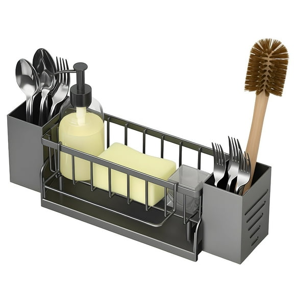 Kitchen Sink Organizer, Multifunctional Carbon Steel Sponge Holder, Metal Dish Drying Rack with Slanted Drain Tray, Towel Bar, 13.2 in Compact Caddy for Brushes, Soap, Utensils