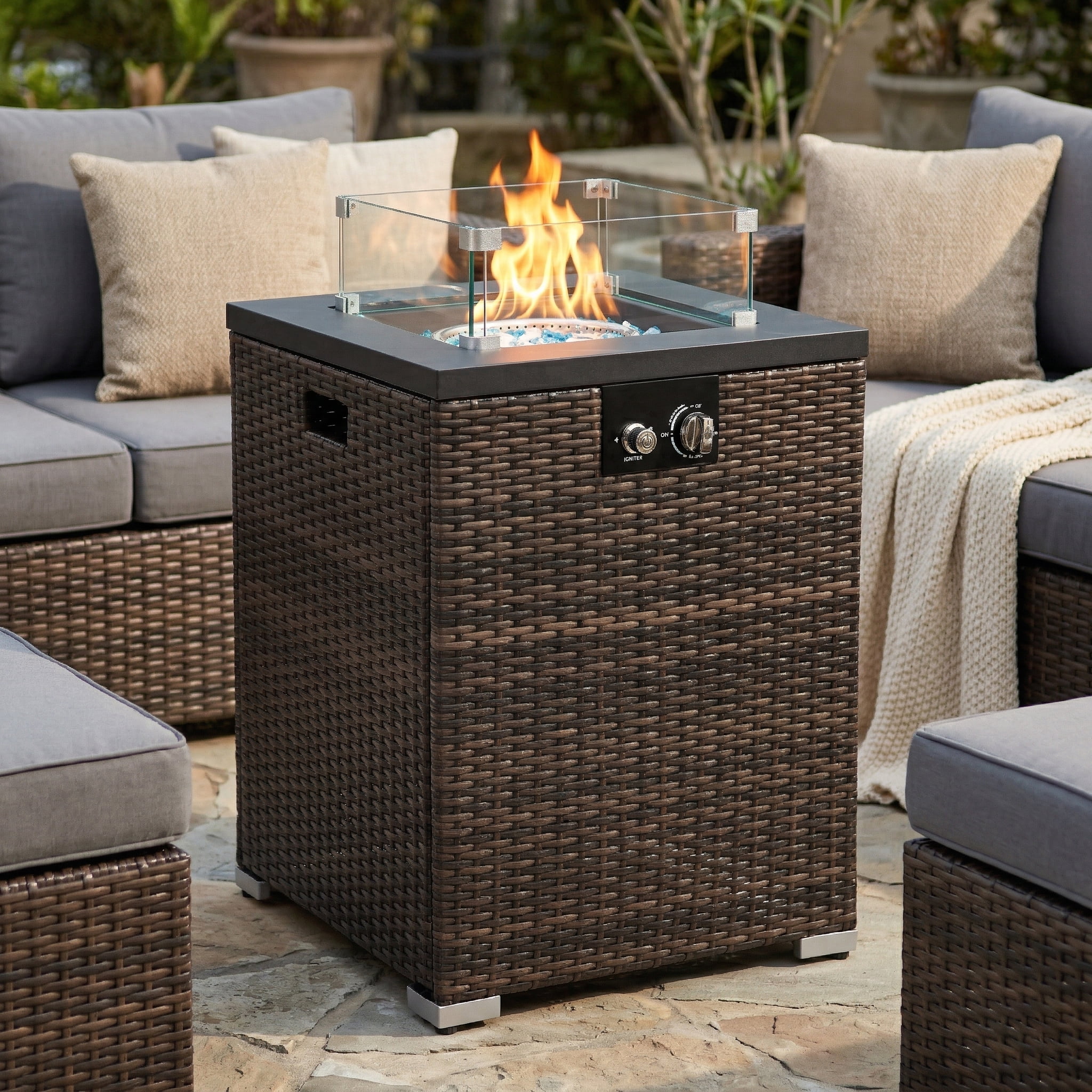 AJ Enjoy 22" Square Wicker Fire Pit Table, 40,000 BTU Gas Propane Heater for Patio Garden