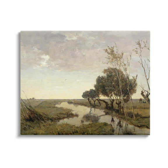 Classic Stream Animals Grazing Landscape Painting Gallery Wrapped Canvas Print Wall Art