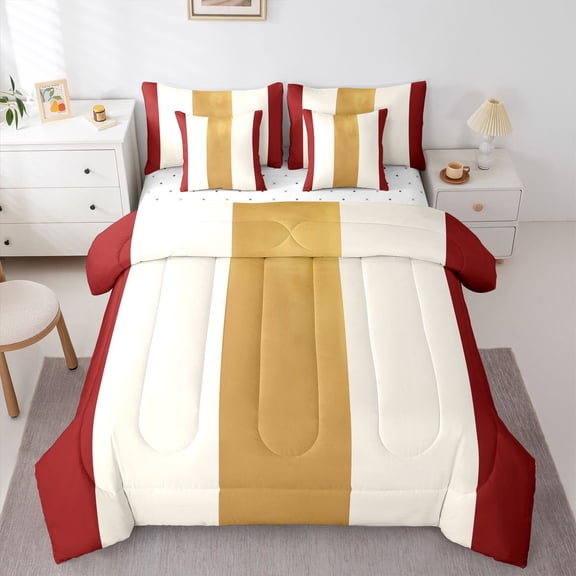 Homewish Vintage Vertical Lines 7-Piece Twin Bedding,Contemporary Stripe Bedding Comforter Set,Red,Reversible