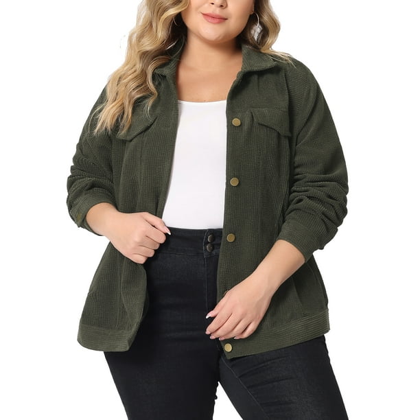 Chaqueta corta de corduroy verde con cuello de punto y botones para mujer plus GRACE & GRANDEUR 4X
