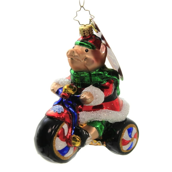 Peddler Piggy - 1 Ornament 5 Inch, Glass - Ornament Tricycle Pig Scooter 1020355