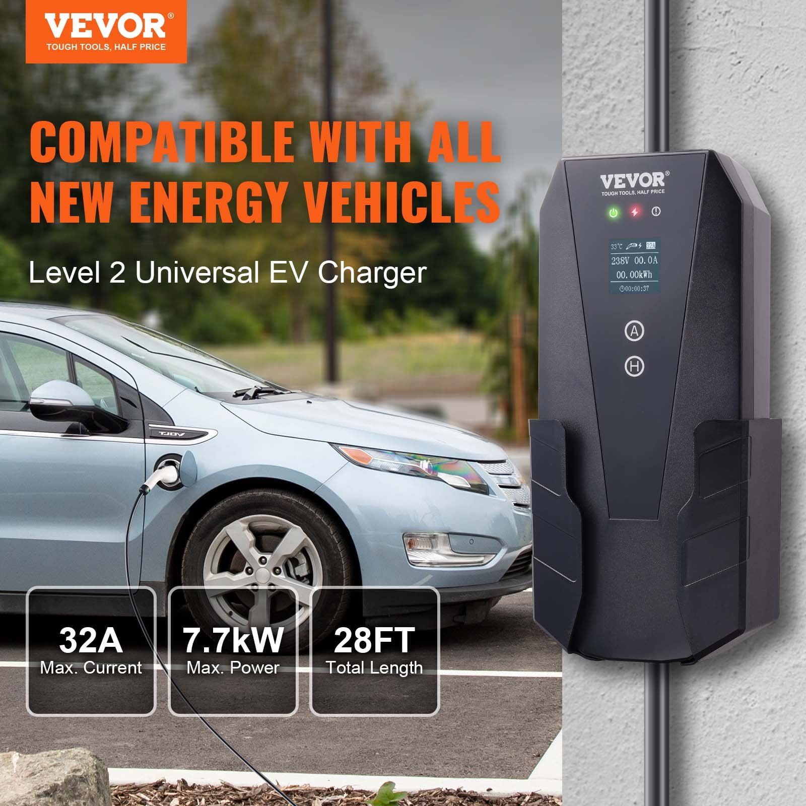 240V 32A Portable Electric Car Charger, 28ft Long Cable, Adjustable Amperage, NEMA 14-50 Plug, Compatible with All J1772 EVs