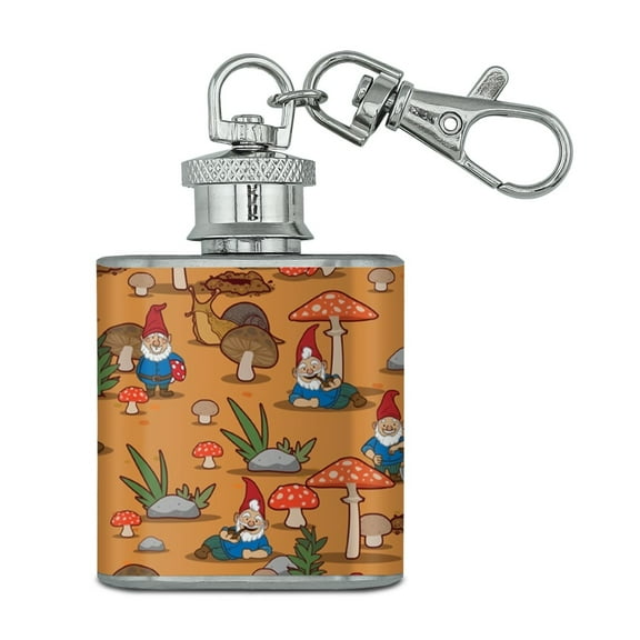 Gnomes Toadstools and Mushrooms Pattern Stainless Steel 1oz Mini Flask Key Chain