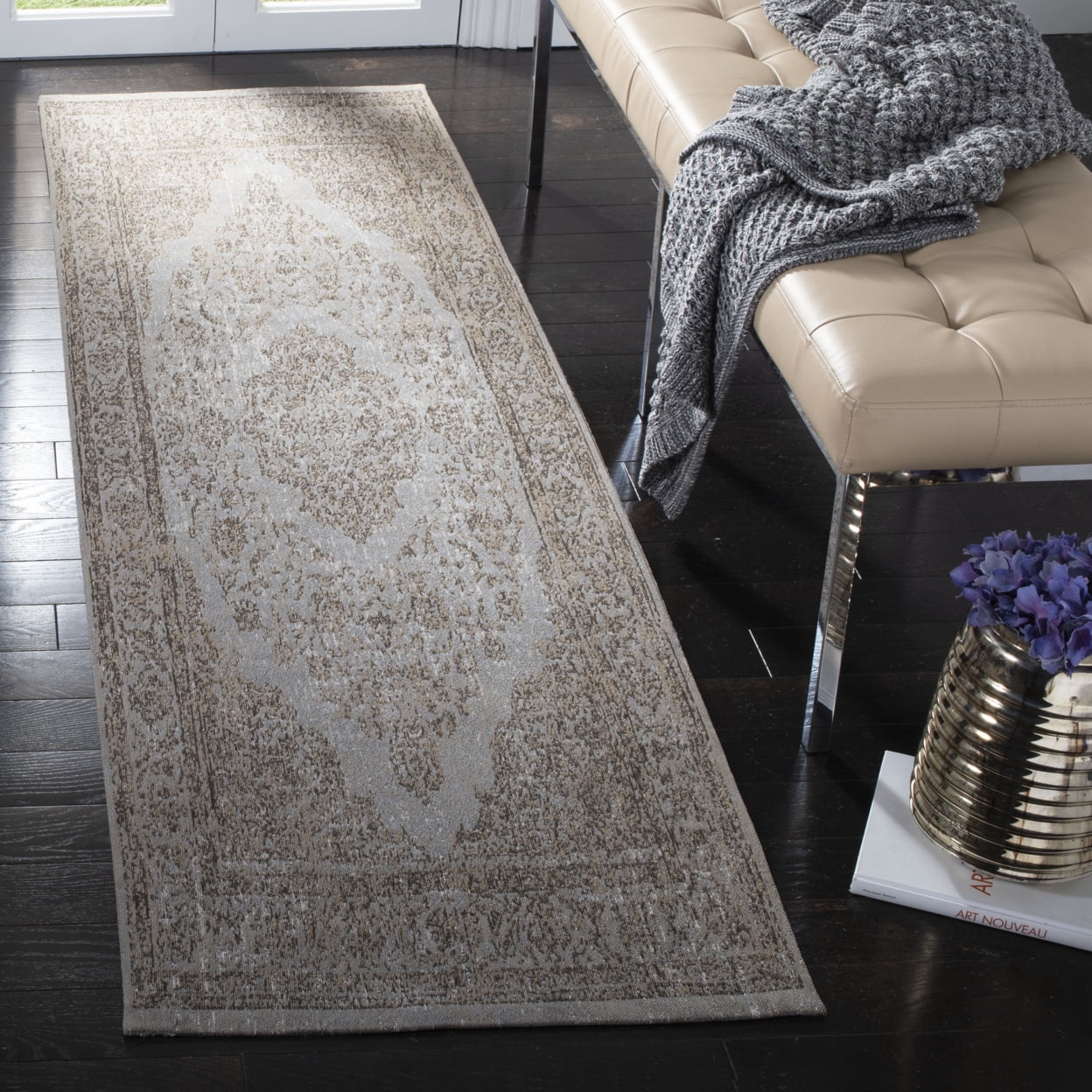 SAFAVIEH Classic Vintage Ivonette Overdyed Border Cotton Runner Rug, Grey, 2'4" x 4'8"