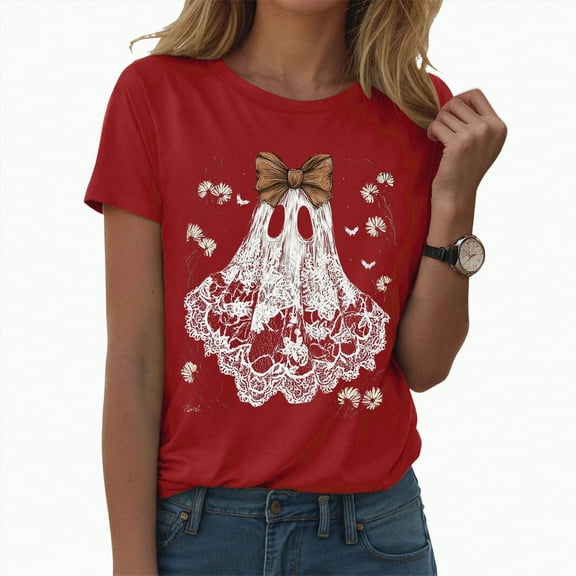 enyan Halloween Women'sShirts Pumpkin Graphic Cute Ghost Tops Tee for Women Short Sleeve Casual T-Shirt Ladies October Top Comfortable Printed Shirt Fall Red,L