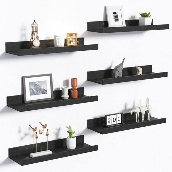 upsimples Floating Shelves for Wall, Decor Storage Set of 6, Wall Mounted Wood Shelves for Bedroom, Living Room, Bathroom, Kitchen, Picture Ledge Shelves, Black