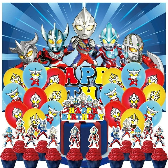 32 Pcs For Ultraman Theme Birthday Party Supplies Party Favor Set,With 13 Cupcake Toppers,5*3ft Birthday Backdrop Decorations,18 Balloons,All-in-One Party Supply Set