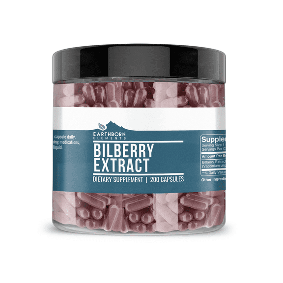 Earthborn Elements Bilberry Extract 200 Capsules, Pure & Undiluted, No Additives