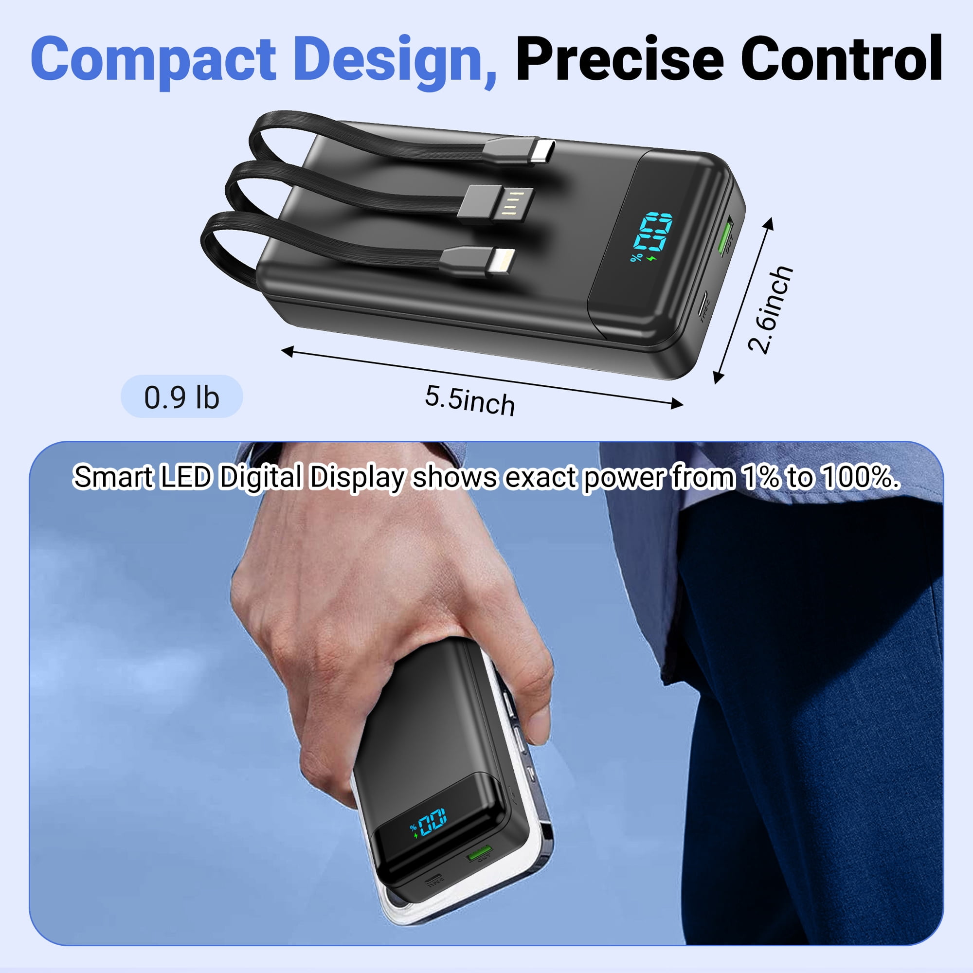 Tilnce 40000mAh Power Bank, 22.5W PD Fast Charging Portable Charger with 3 Built-in Cables and 2 Ports, Smart LED Display, NTC Safe External Battery Pack for iPhone 17 16 15, Samsung, Camping