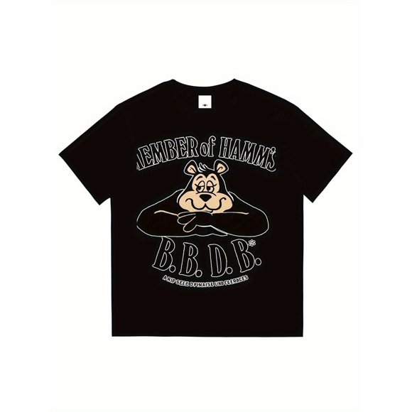 Lot de 1 T-Shirt Noir Vintage pour Homme - T-Shirt à Col Rond en Coton 100 % Épais avec Motif Rétro d'Ours et Motif Jerusalem of Hamms