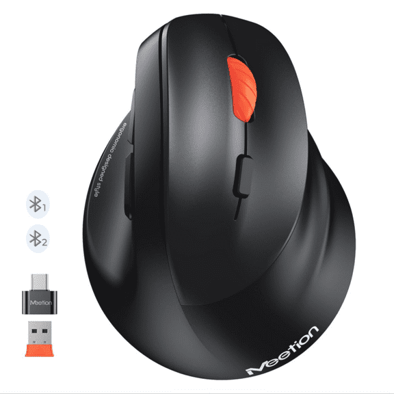 MEETION Ergonomic Wireless Bluetooth Vertical Mouse, 3-Device Connectivity, 4 Adjustable DPI Levels, USB-A to USB-C Adapter, Large Hand Design, Compatible with Mac/Windows/PC/Laptop