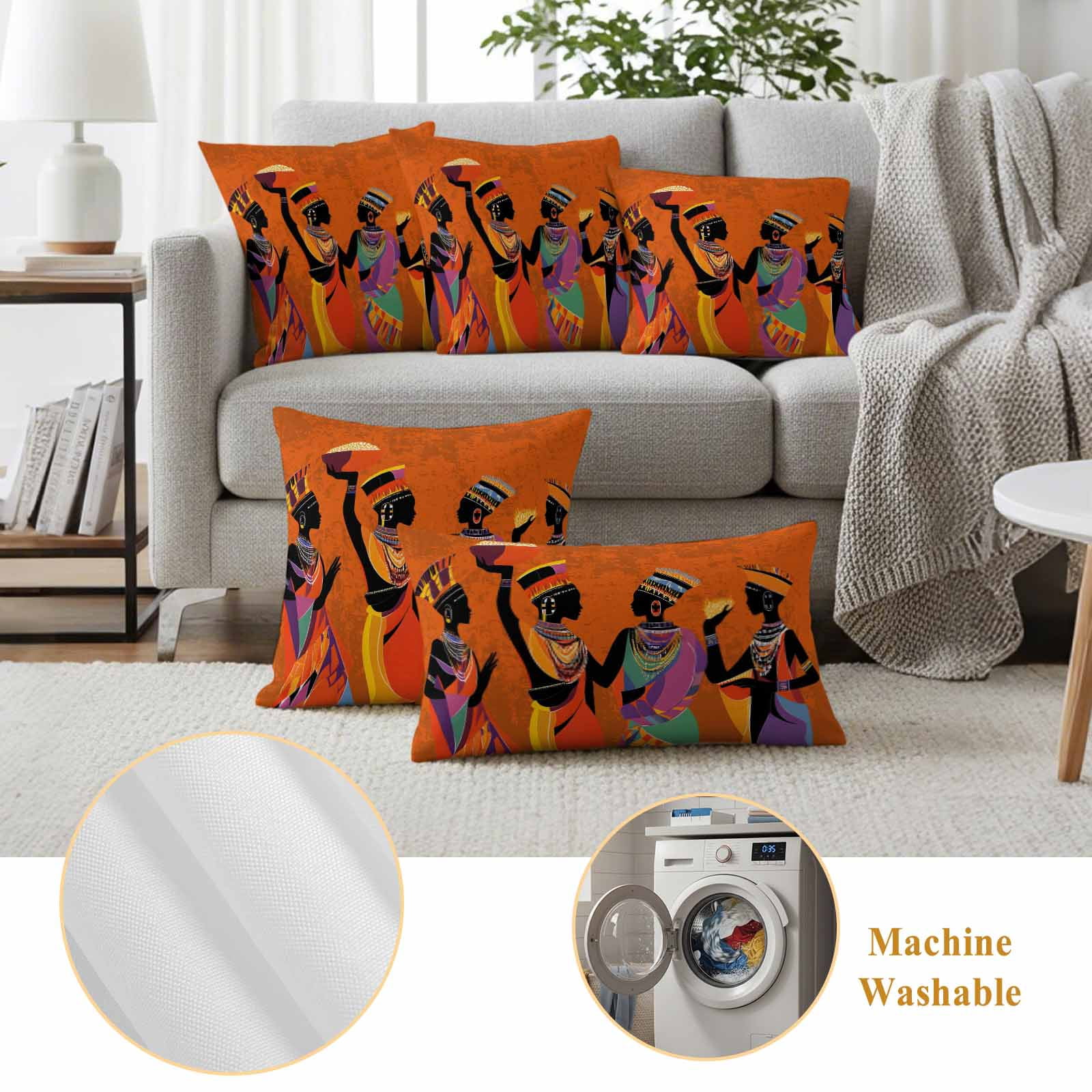Outdoor Pillow Covers African Black Woman Ethnic Style Waterproof Pillow Cases 18x18 Set of 2, Retro Orange Gradient Throw Pillow Cover Pillowcase for Patio Balcony Couch Garden