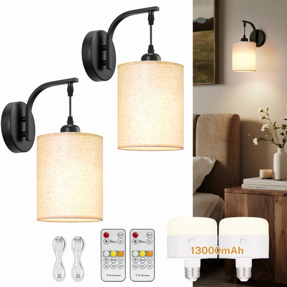 Wall Sconces Set of 2,Battery Operated Wall Sconce,Black Rechargeable Wireless Wall Lamp with Remote,Timer & 13000mAh bulbs, Dimmable Lights for Bedroom, Living Room