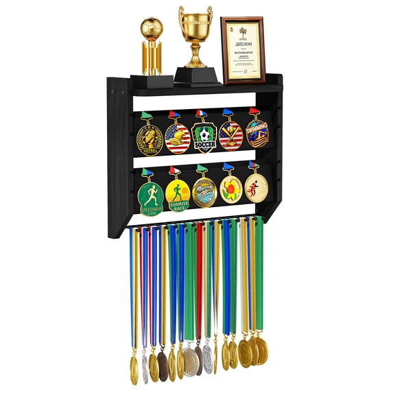Medal Holder Display Trophy Shelf Organizer, Sturdy Wooden Race Award Hanger Rack with 15 Steel Hooks, Wall-Mounted Storage Stand for Sports Fans,Black