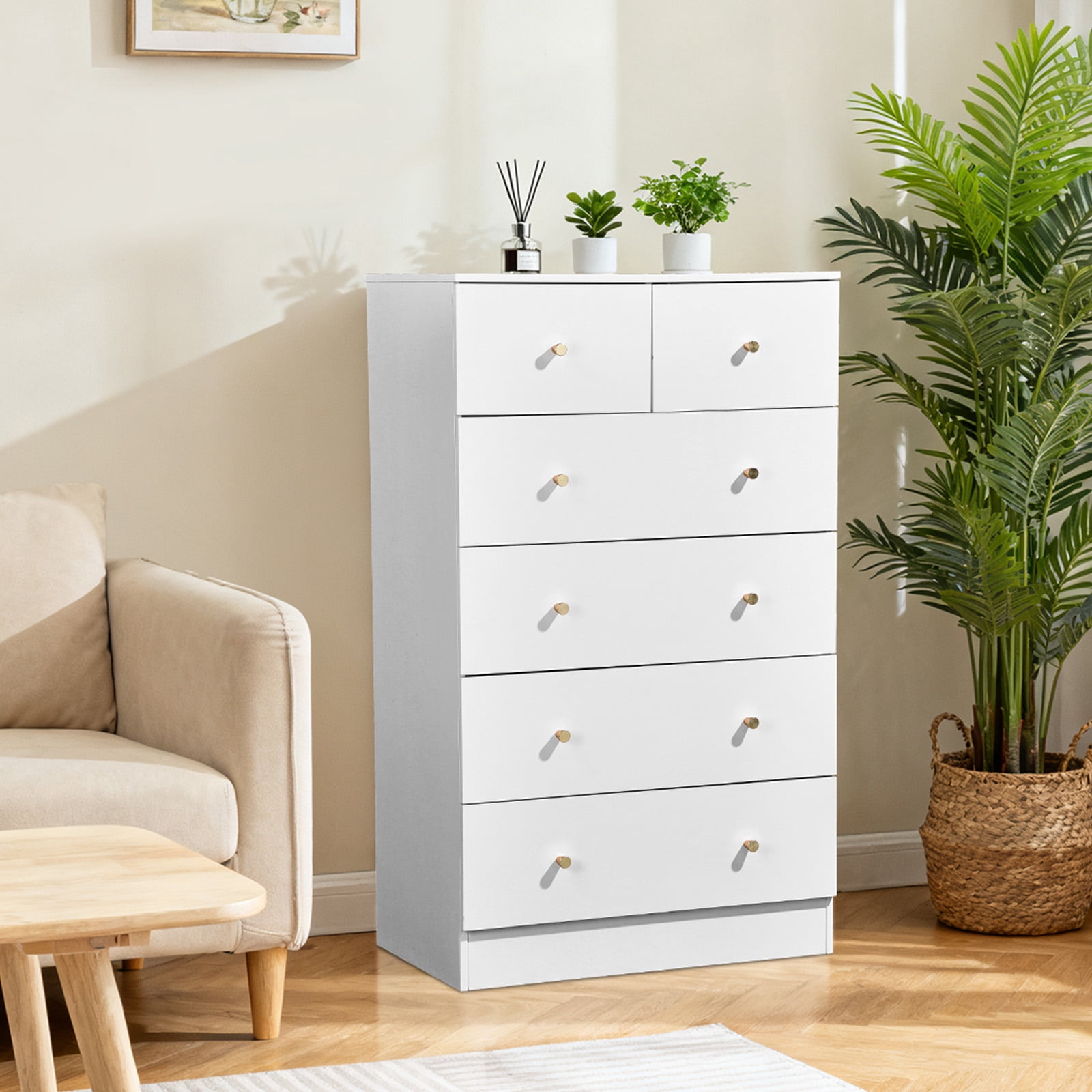 Macaroon 5 Drawer Cabinet, Matte Gold Handles Linen-Textured Particle Board Cabinet, Space-Saving Storage Organizer for Bedroom Home Office Living Area