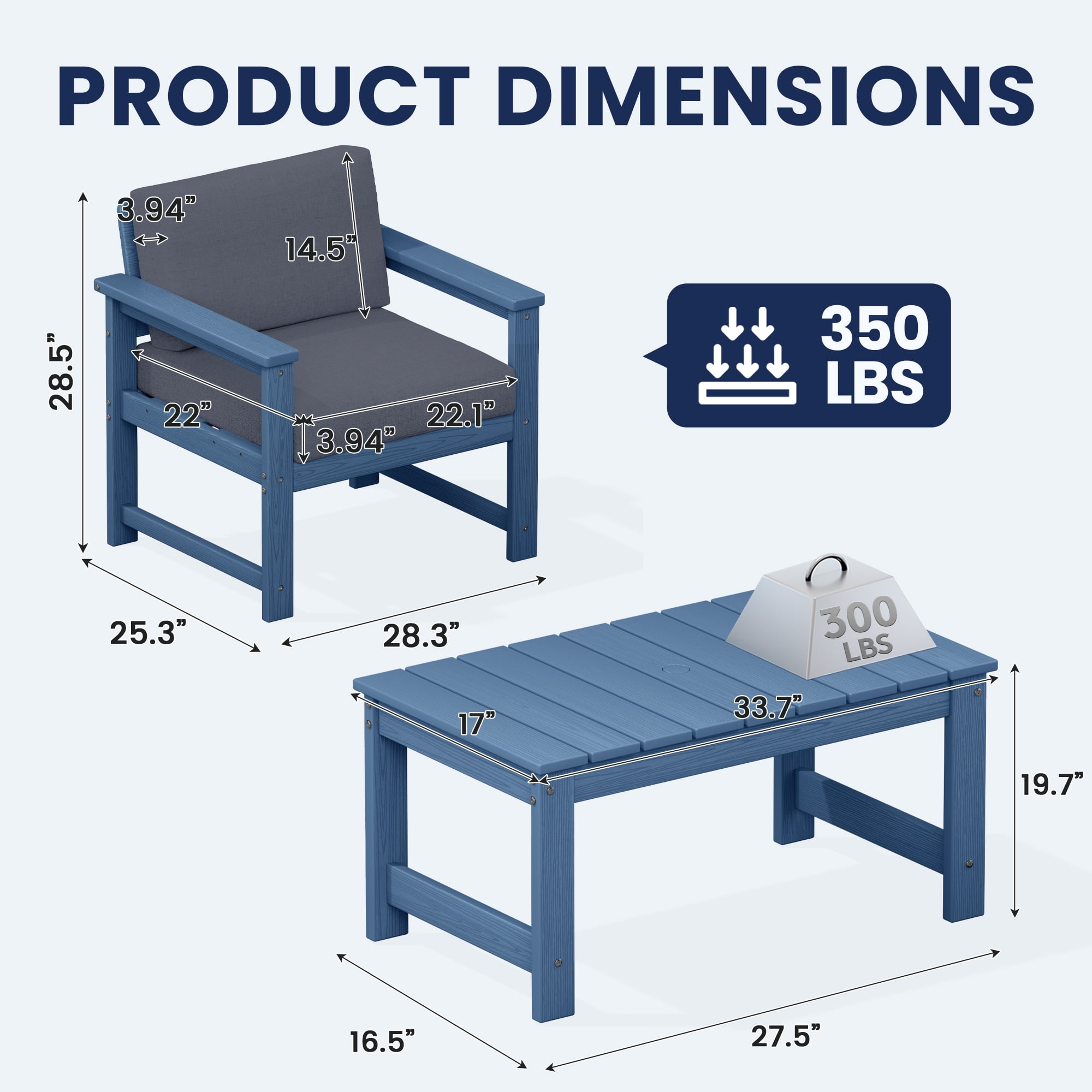 KINGYES 3 Pieces Outdoor Furniture Set, HDPE All Weather Use Conversation Couch Sets,2 Armchairs & 1 Coffee Table for Patio Backyard, Blue Frame with Gray Cushions