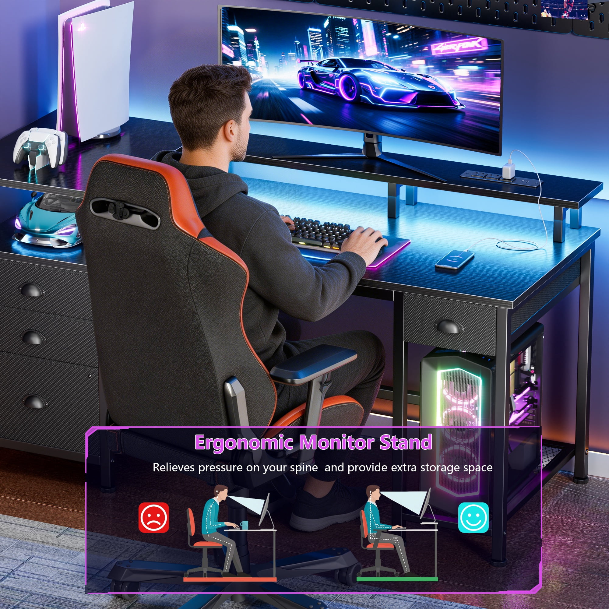 Satifur 51 Inch Black Computer Desk with Ergonomic Monitor Platform, Home Office Gaming Desk with CPU Grid Storage Rack, RGB LED Lights & Power Outlet