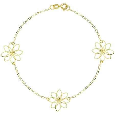 American Designs 14kt Yellow Gold Diamond-Cut Flower Link Floral Station Bracelet 7.5 Chain