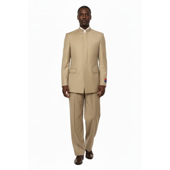 Men Apollo King Band Collarless Church Suit Mandarin 5 Hidden Buttons AG57 Tan