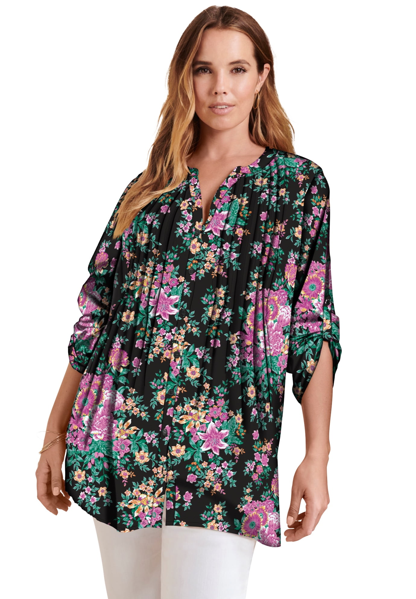 Roaman's - Roaman's Women's Plus Size English Floral Bigshirt Button