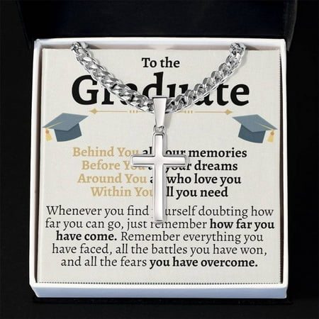 To The Graduate Cross Necklace with Cuban Chain, University Graduation Gift for Him, Graduation Gift for Men, High School Graduation Gift Male, Cross Necklace for Son with Gift Box