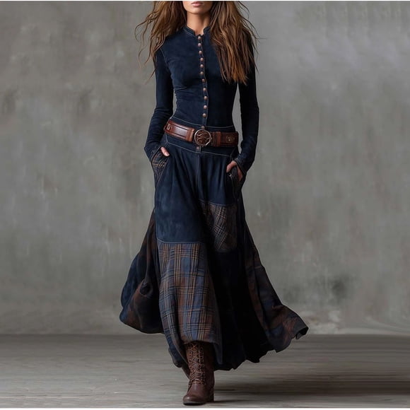 Nuoqisi Plaid Dresses for Women Vintage Western Lapel Maxi Summer Spring Dress Open Front Button Checkered Cotton Trench Coat