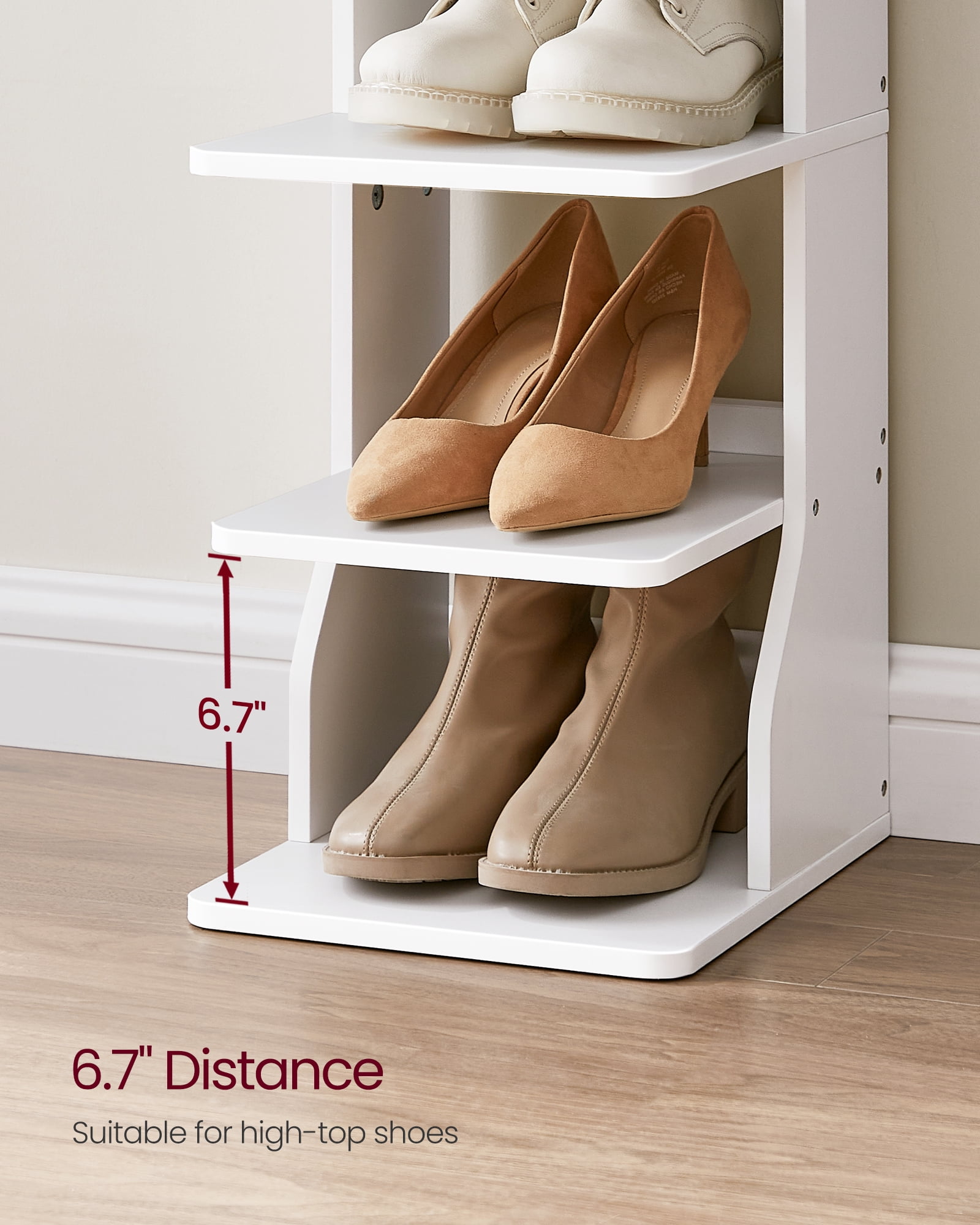 7-Tier Vertical Shoe Rack, 43.5" Tall Narrow Shoe Organizer with 2 Hooks & Anti-Tip Kit, Space-Saving Corner Shelf for Entryway Bedroom, White