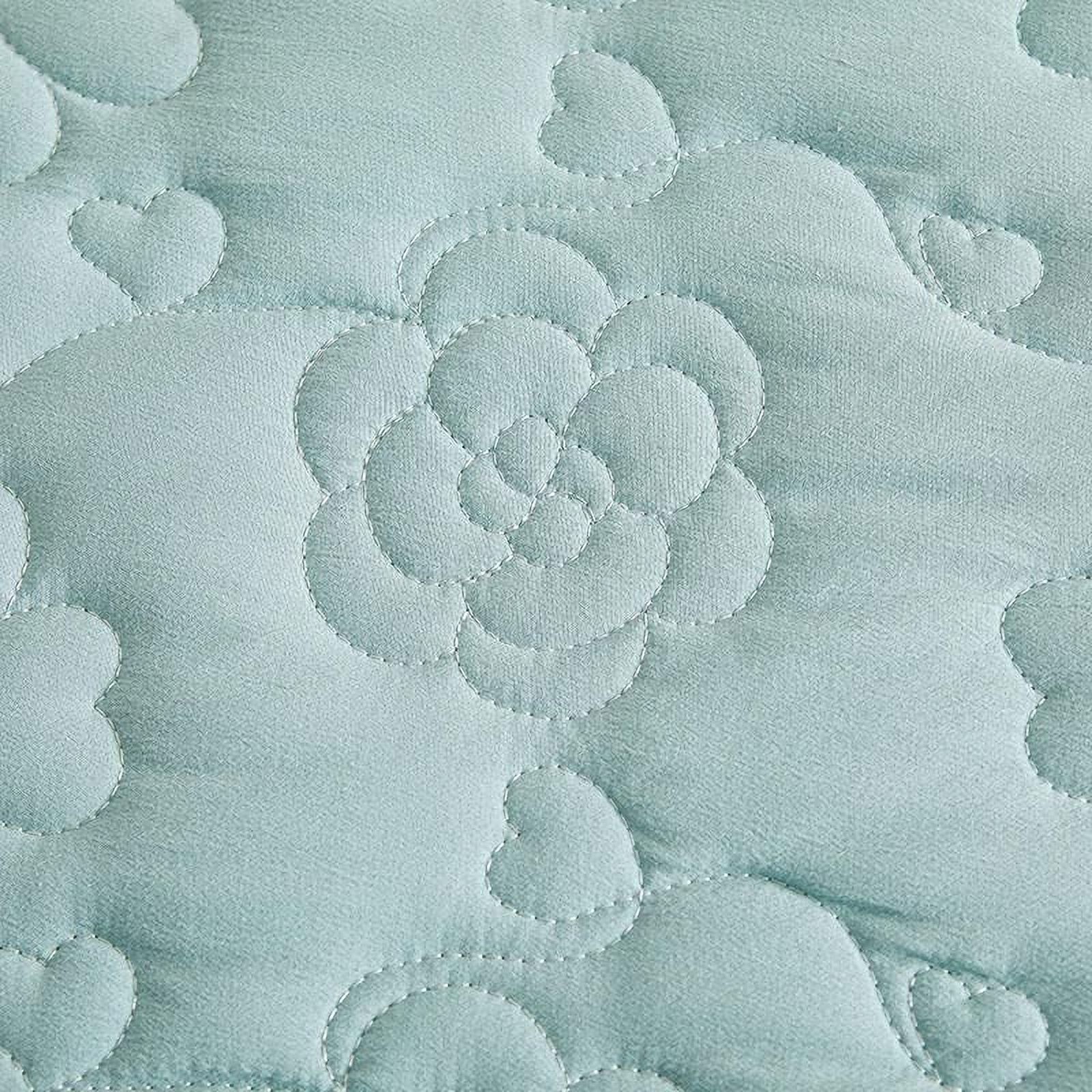 Flower Pattern Quilted Brocade Cotton Bedspread with Lace Ruffled Bed Skirt, Queen Size, Light Turquoise