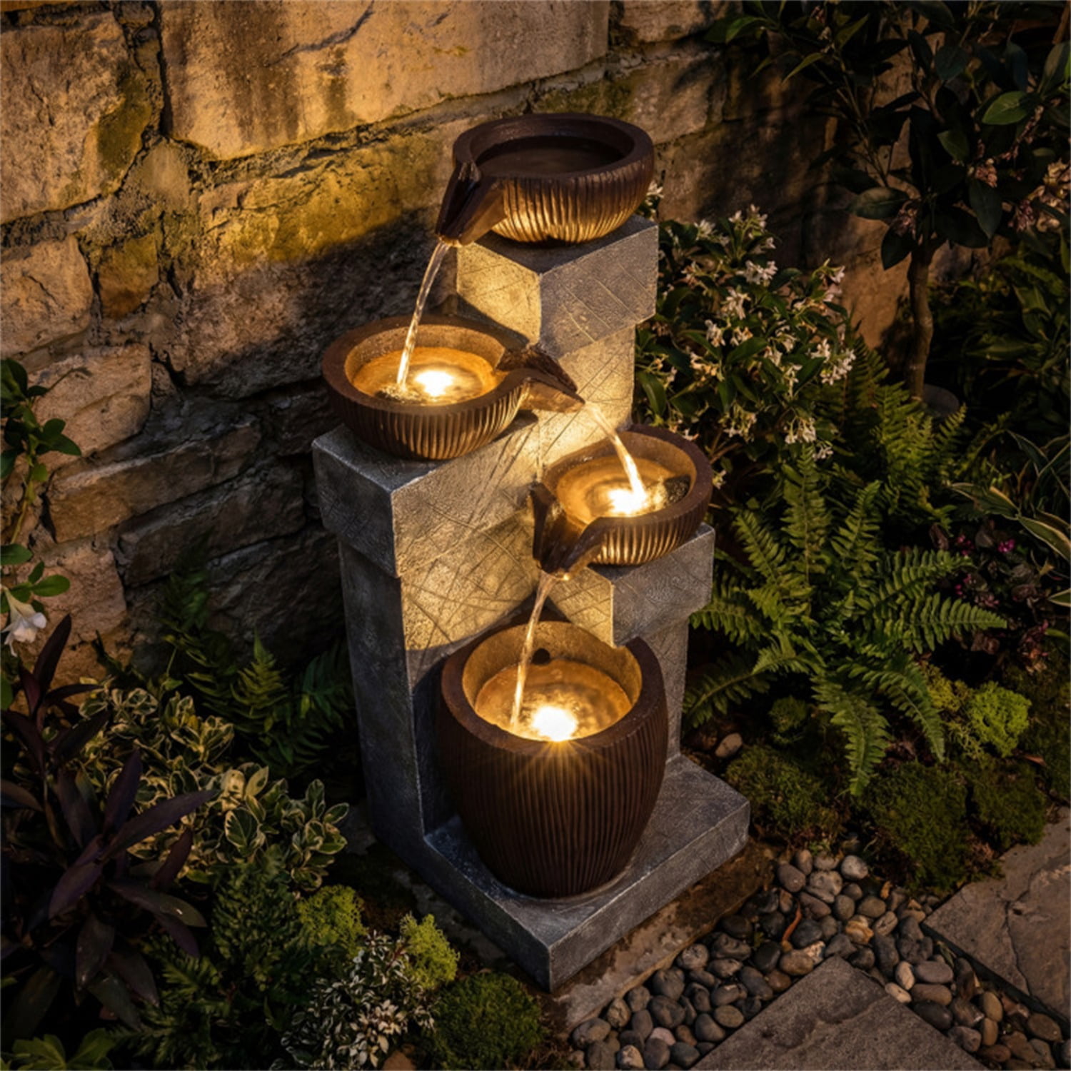4-Tier Waterfall Fountain with LED Lights, Resin Fiberglass Outdoor Fountain with Adjustable Flow for Garden Patio