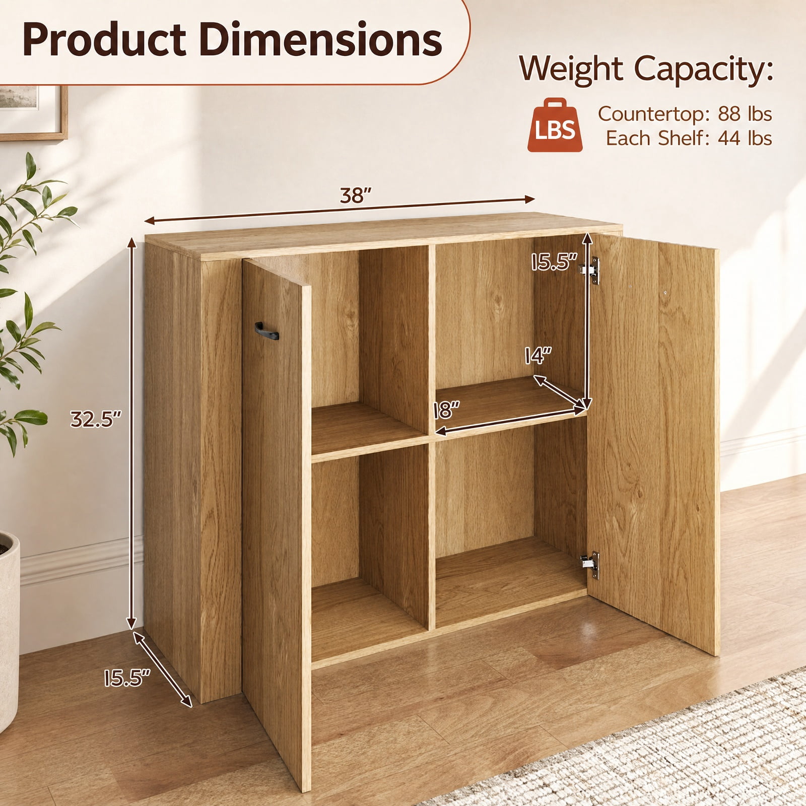 Furnibear 38 Inch Modern Sideboard Buffet Cabinet with 4 Cube Shelves and Storage Doors for Kitchen Dining Room Living Room Entryway, Natural