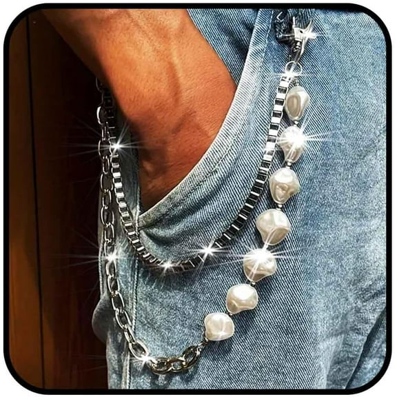 Hip Hop Pants Chain for Men Goth Jean Chains for Pant Punk Pocket Chains Layered Acrylic Keychains Pearl Trouser Chain Rock Wallet Chain Pant Accessories for Women