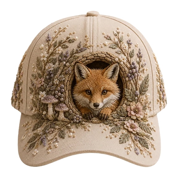 Fox Floral Baseball Cap Forest Wildlife Sun Hat Adjustable Outdoor Peaked Cap For Summer Travel Casual Wear(Beige-55~60cm)