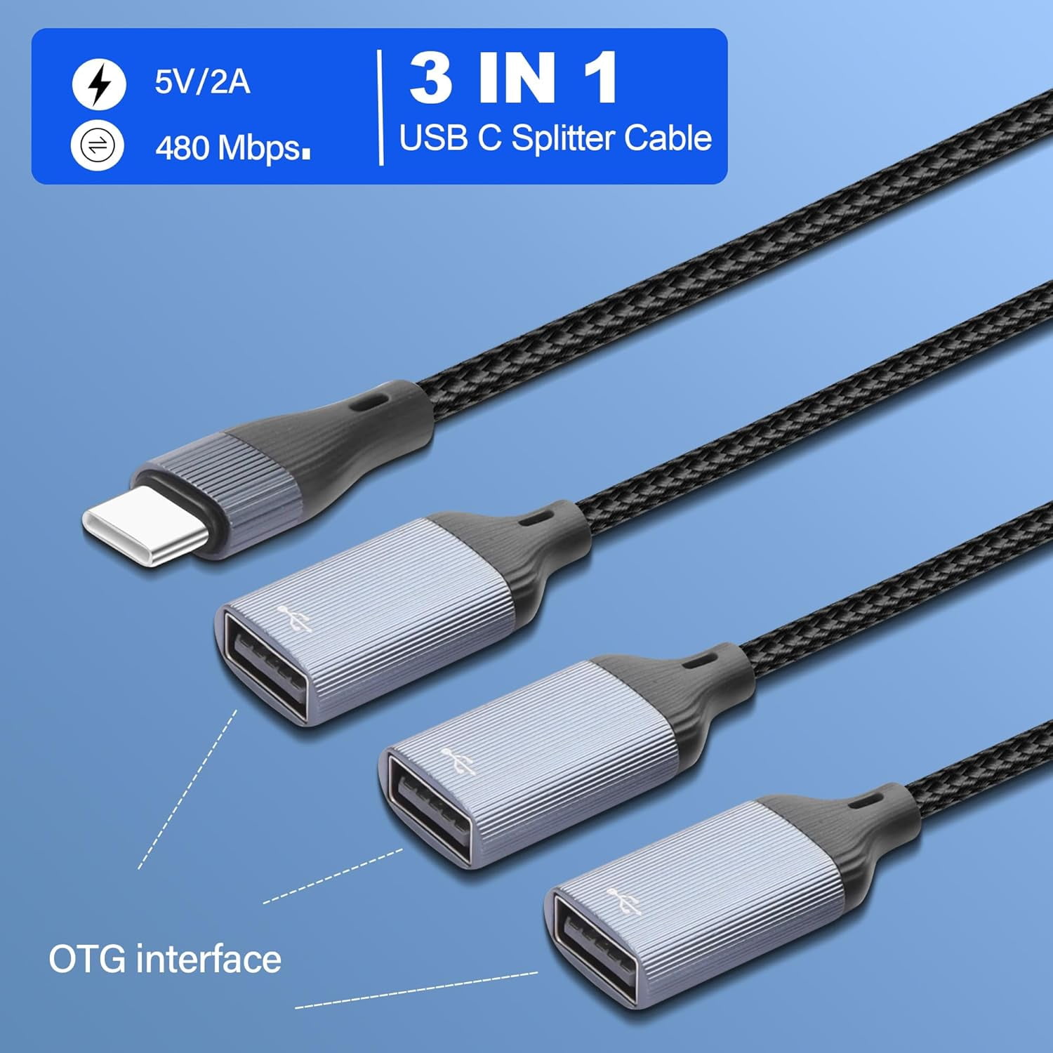 HRTGFD-3-in-1 Splitter USB-C Cable,USB Type C Male to 3 USB Female Adapter Cable Support Charging/Data Transfer Type C to USB 2.0 OTG Extension Cable for Laptop Tablet Hub 13.8in/35CM
