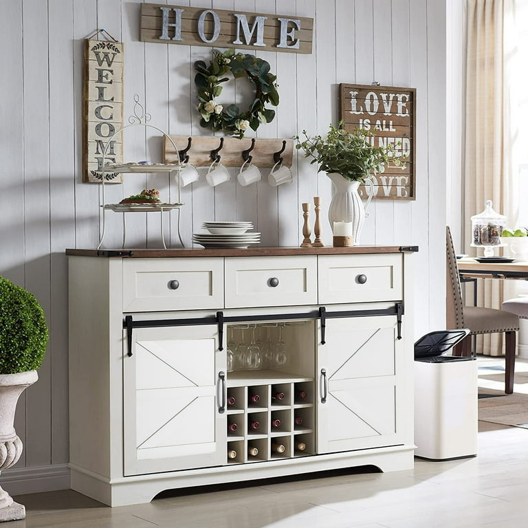 Glavbiku Rustic Wood Farmhouse Liquor Cabinet Storage Buffet with Sliding Barn Door White 54in Walmart