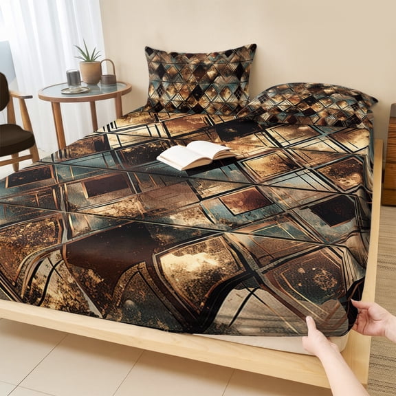 Queen Size Fitted Sheet Set - Brown Teal Geometric 3 Piece Bedding Sets 16" Deep Pocket Fitted Sheet with 2 Pillowcases, Retro Modern Plaid Abstract Art Brushed Microfiber Hotel Luxury Bed Sheets