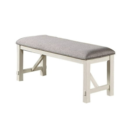 Lexi 50 Inch Dining Bench  Fabric Padded Seat  Rubberwood  Gray and White- Saltoro Sherpi