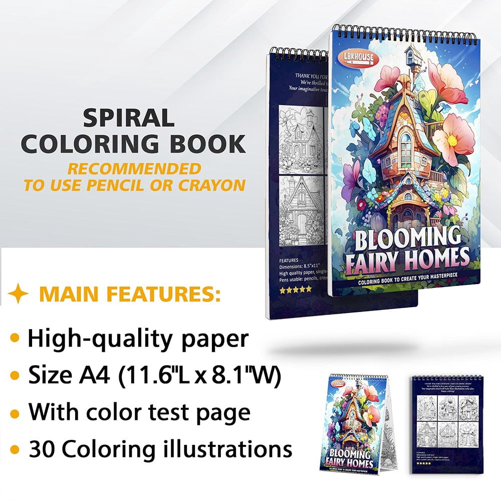 LBKHOUSE Blooming Fairy Homes Coloring Book Spiral Bound for Adults, Premium Cover
