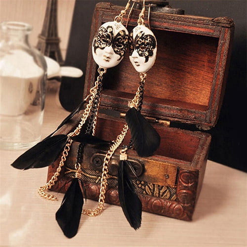 Soumake Women's Bohemia Chain Feather Tassel Chain Earrings Mask Long Drop Earring