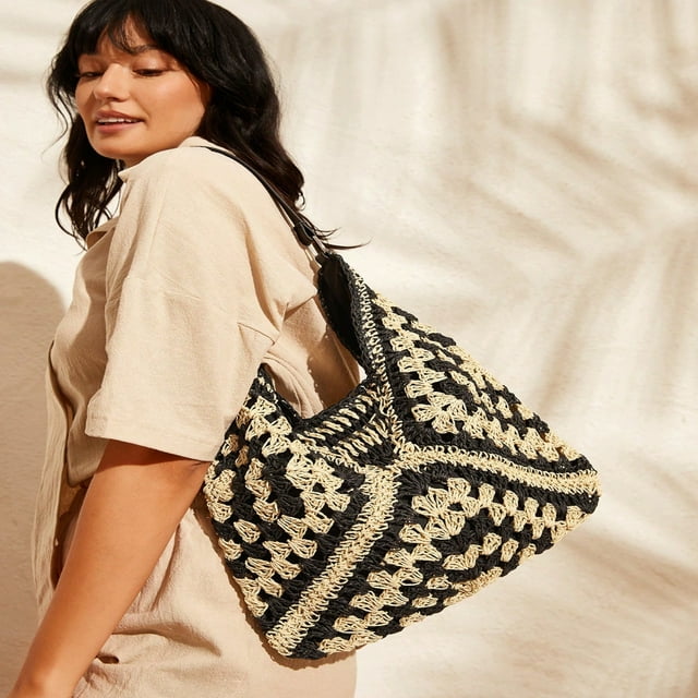 LNGOOR VCAY Beach Vacation Summer Crochet Colorblock Straw Geometric Pattern Shoulder Bag