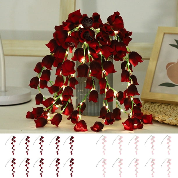Xihbxyly Ramo de Lirios Del Valle con Luces Led, Decoración de Flores Artificiales, Guirnalda de Luces Led, Luz de Noche Romántica para Dormitorio, Ideal para Fiestas En Casa, Diseño Rosa y Rojo, Tam