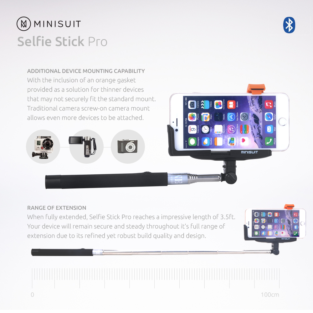 Minisuit Selfie Stick Pro with Built-In Remote for Apple & Android, Black - image 2 of 7